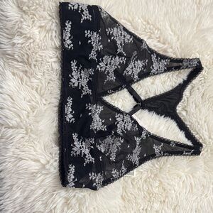 Free People Black Lace Bralette with White Floral Embroidery